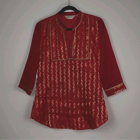 BIBA Festive Holiday Red/Gold Embroidery Boho Tunic Global Sz Small Vibrant - Picture 1 of 9